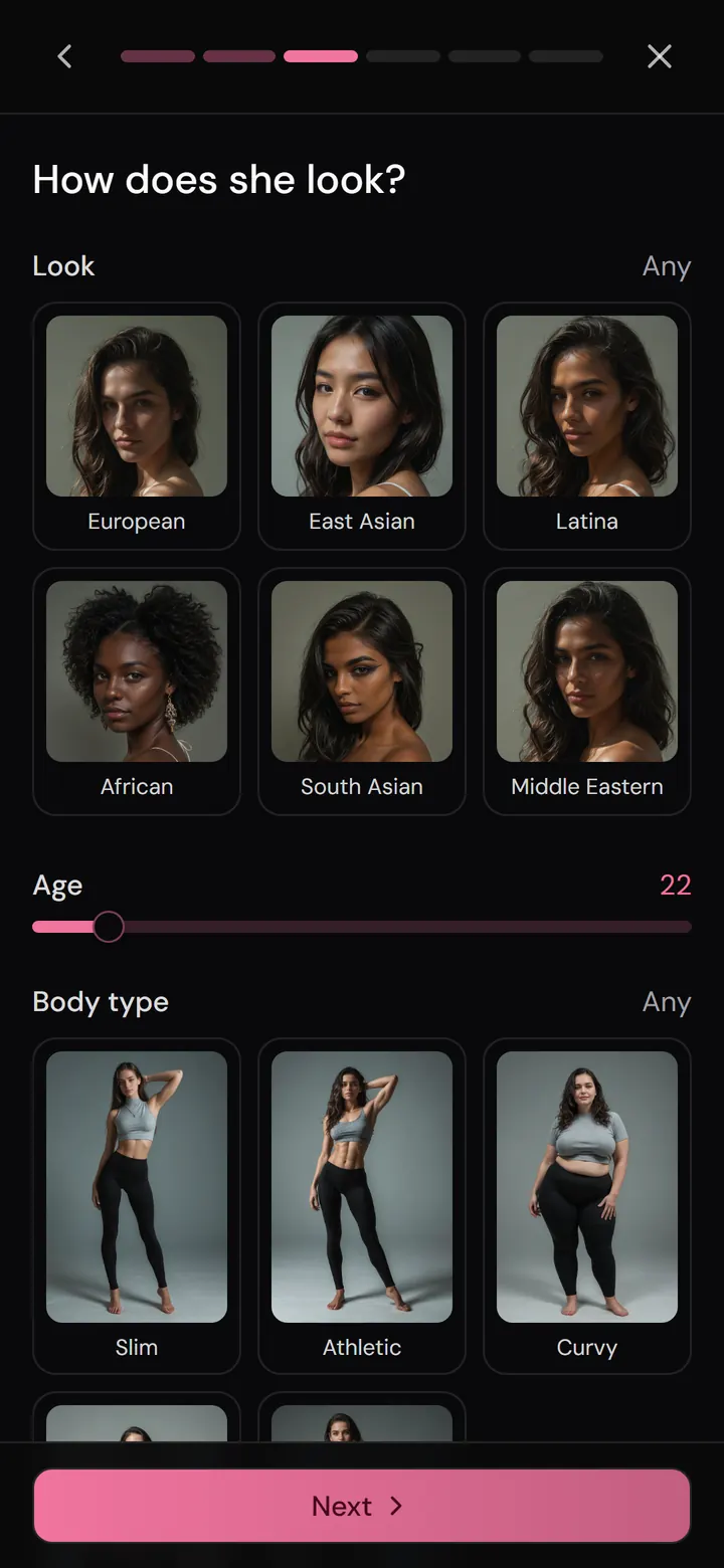 Nika character constructor, appearance step: origin, body type, hair and eyes assembled from tiles
