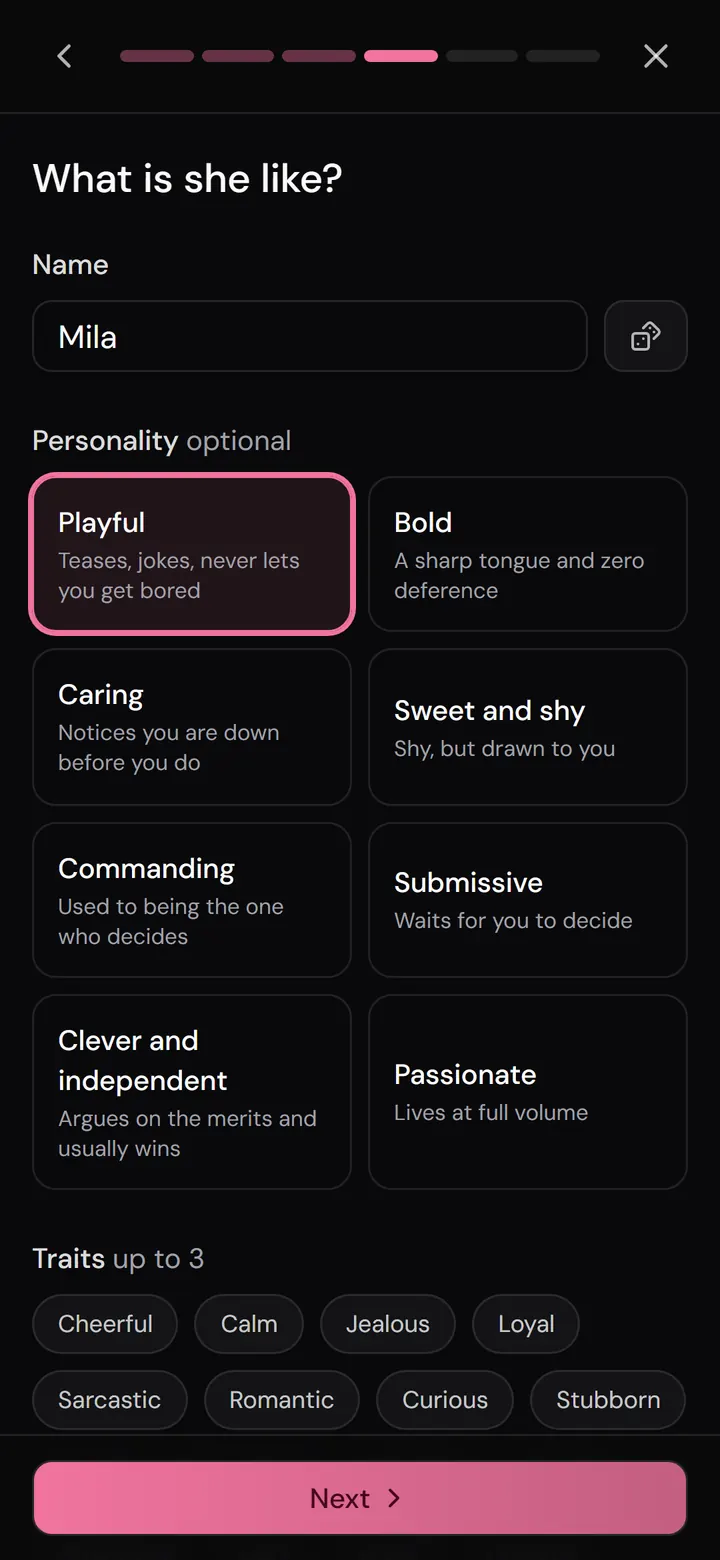 Nika character constructor, personality step: name, archetype and traits