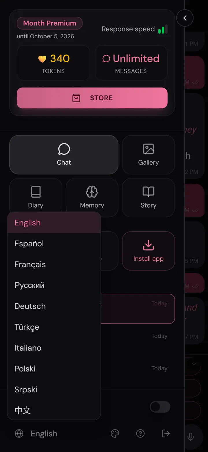 Nika app: interface language picker with 15 languages