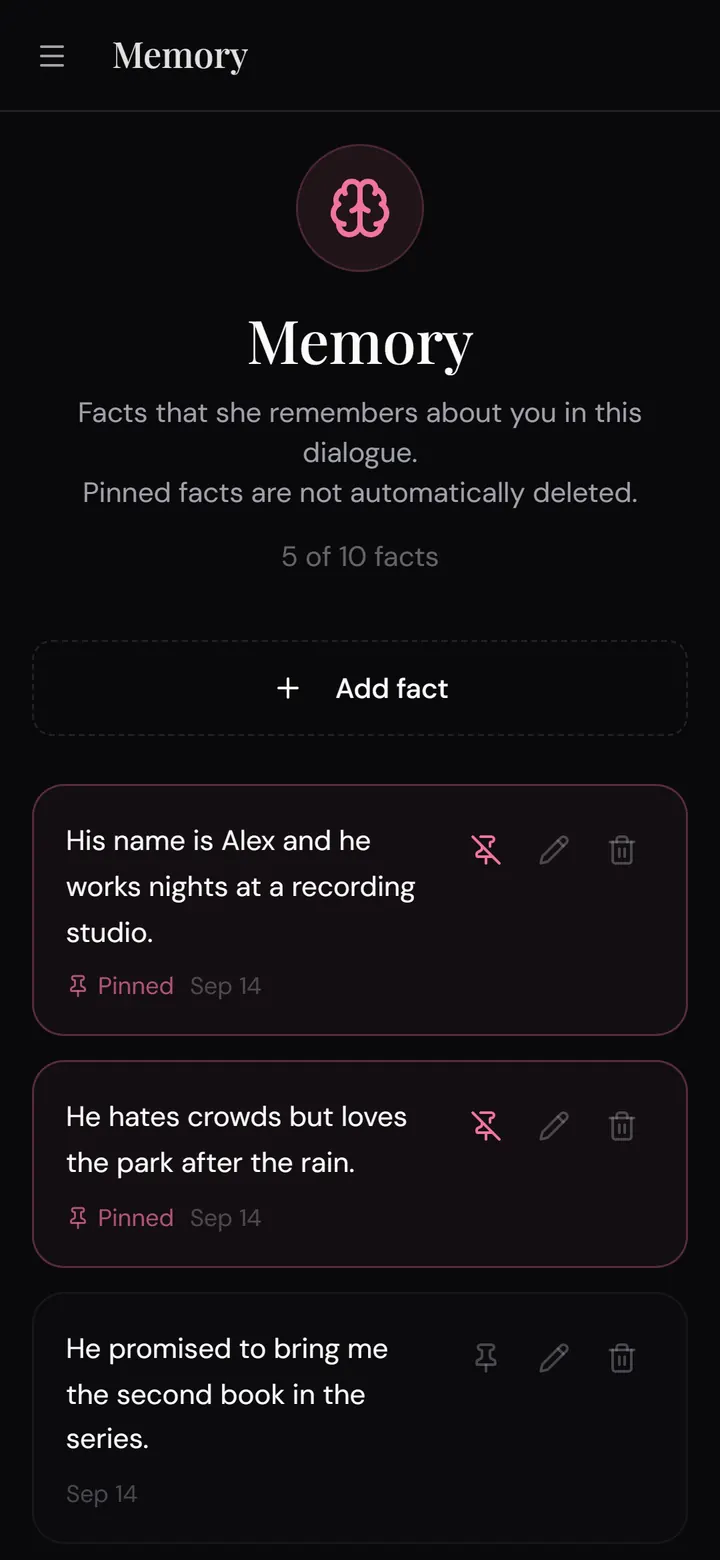 Nika app: Memory section with editable, pinnable facts