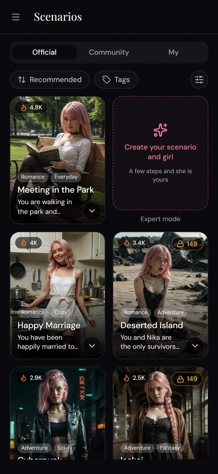 Nika app: official scenario shelf with genre tags and popularity counters