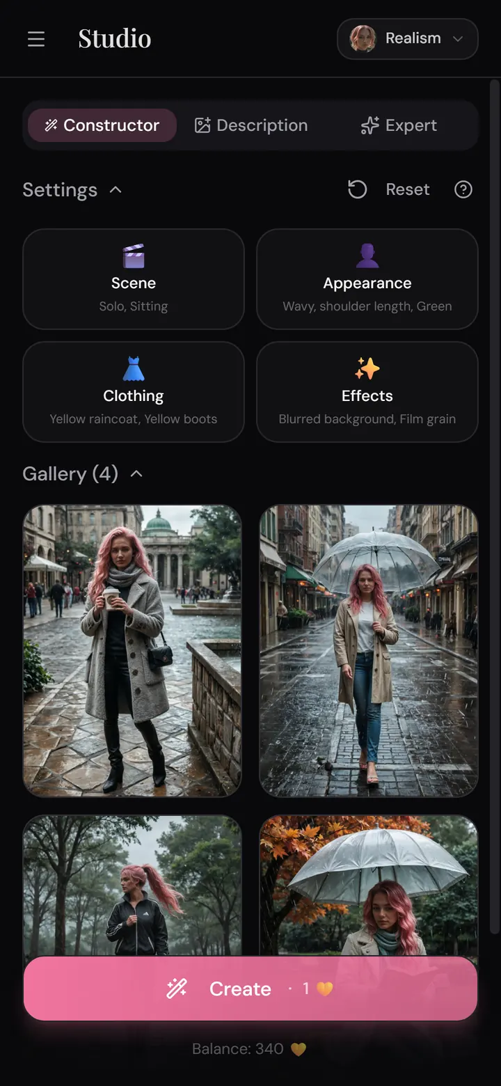 Nika app: Studio in Constructor mode, building a shot from scene, appearance and clothing tiles