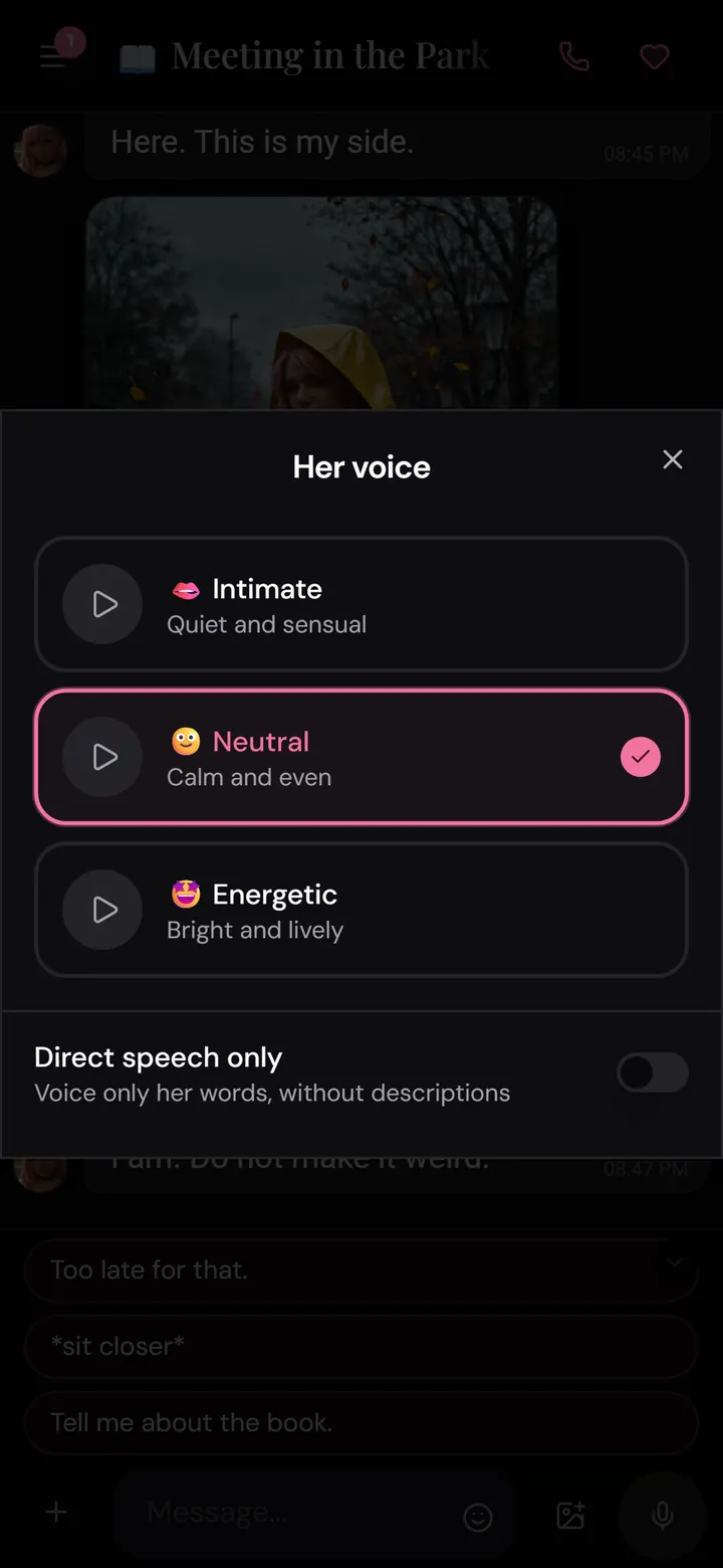 Nika app: voice picker with three voices and the direct speech only option